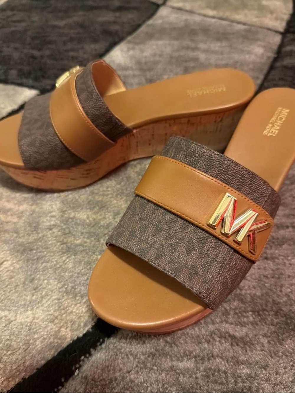 Michael Kors Brown and Tan MK Logo Platform Slide Sandals